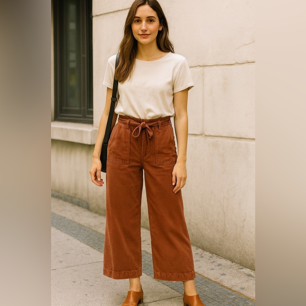 Free People Women's Rust Orange Wide Leg Cropped Pants Belt Tie GUC 0 #2297